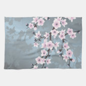 さくらんぼの花々の濃いピンクブルーフローラ キッチンタオル (横)