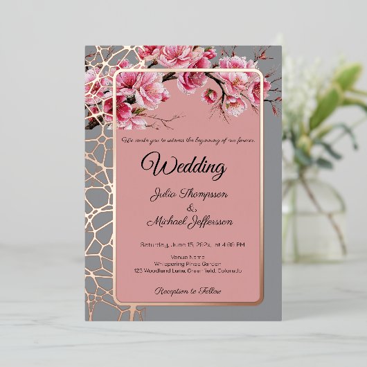 さくらんぼの花々フランスのロマンチックほこりっぽいバラ 箔招待状 (立ち正面)