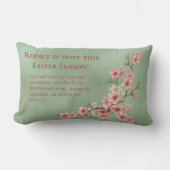 さくらんぼの花がピンクとティール(緑がかった色)のアクセント枕 ランバークッション (正面)