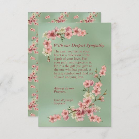 さくらんぼの花がピンクとティール（緑がかった色）の同情カード (正面/裏面)