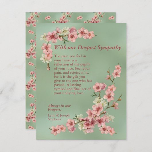 さくらんぼの花がピンクとティール(緑がかった色)の同情カード シーズンカード (正面/裏面)