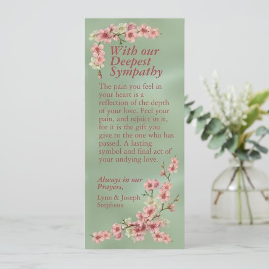 さくらんぼの花がピンクとティール(緑がかった色)の同情カード 案内状 (スタンド正面)