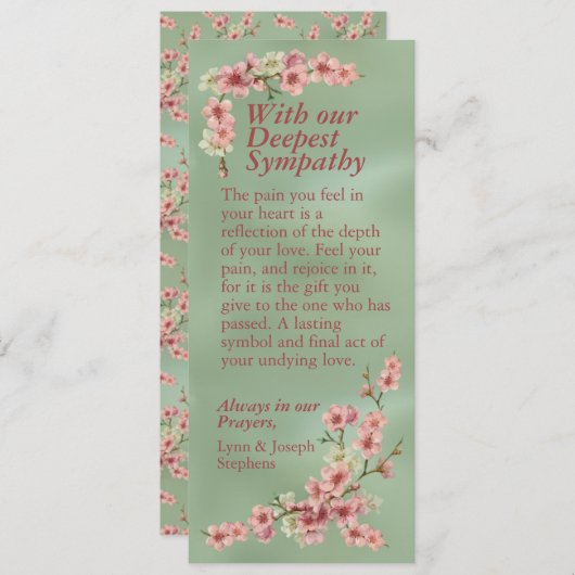 さくらんぼの花がピンクとティール(緑がかった色)の同情カード 案内状 (正面/裏面)