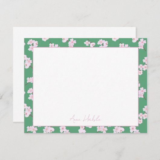 さくらんぼの花が緑のパーソナライズされたノートカード ノートカード (正面/裏面)