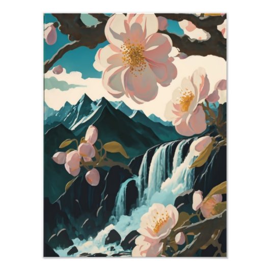 さくらんぼの花が静かな滝を受け入れる フォトプリント            (正面)
