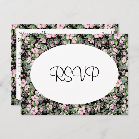 さくらんぼの花が黒い結婚式のRSVPはがき ポストカード (正面/裏面)