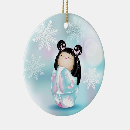 さくらんぼの花こけし人形の冬の雪片 セラミックオーナメント (右)