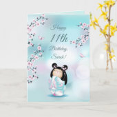 さくらんぼの花こけし |女子誕生日ピンク カード (黄色い花)