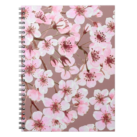 さくらんぼの花で作られた水色の継ぎ目のない模様 ノートブック (正面)