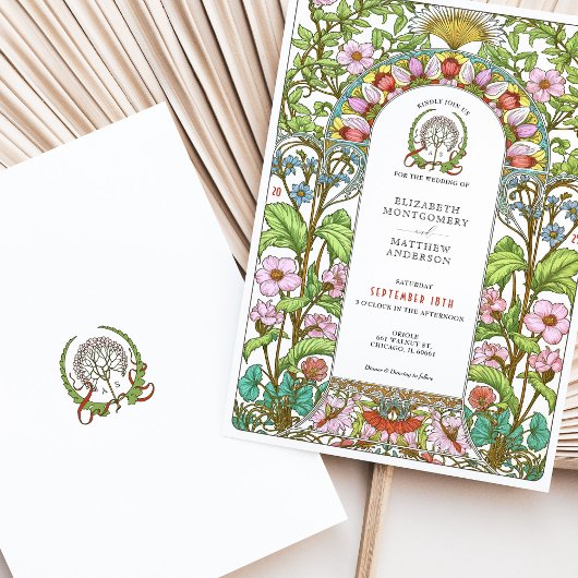 さくらんぼの花とコーンフラワーズ結婚アールヌーボー 招待状