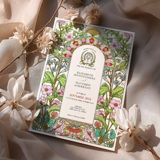 さくらんぼの花とコーンフラワーズ結婚アールヌーボー 招待状