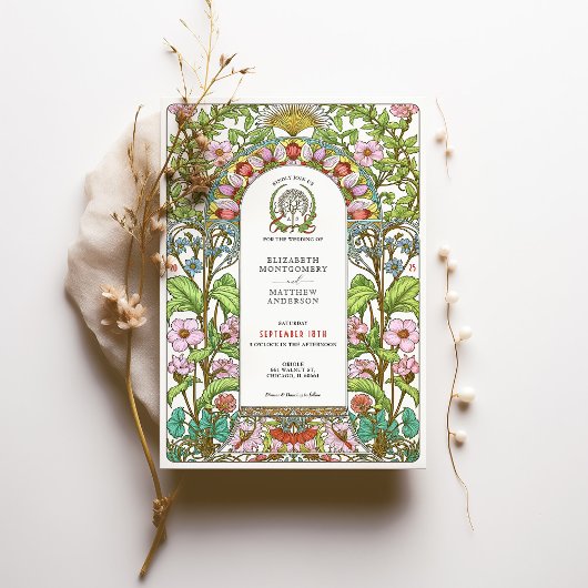 さくらんぼの花とコーンフラワーズ結婚アールヌーボー 招待状