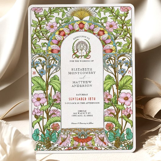 さくらんぼの花とコーンフラワーズ結婚アールヌーボー 招待状