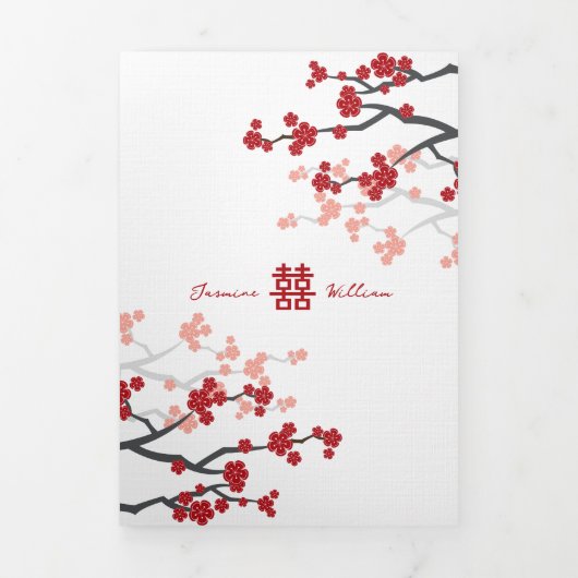 さくらんぼの花とバイリンガル中国の結婚の写真 三つ折り招待状 (カバー)