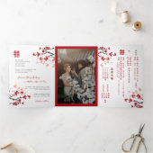さくらんぼの花とバイリンガル中国の結婚の写真 三つ折り招待状 (内部)