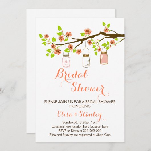 さくらんぼの花とメイスン結婚のブライダルシャワー 招待状 (正面/裏面)