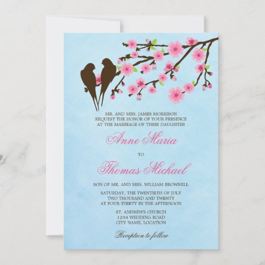 さくらんぼの花とラブバード結婚式招待状 招待状 (正面)