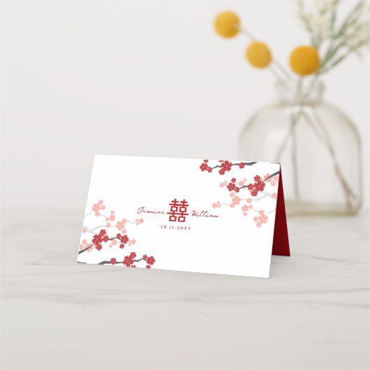 さくらんぼの花と二重の幸福中国の結婚の プレイスカード (裏面)
