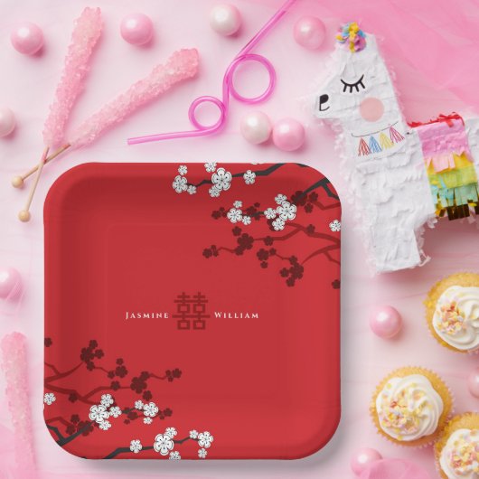 さくらんぼの花と二重の幸福中国の結婚の ペーパープレート (パーティー)