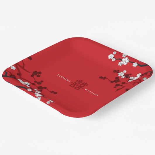 さくらんぼの花と二重の幸福中国の結婚の ペーパープレート (傾斜あり)