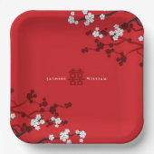 さくらんぼの花と二重の幸福中国の結婚の ペーパープレート (正面)