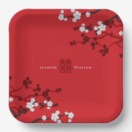 さくらんぼの花と二重の幸福中国の結婚の ペーパープレート (正面)