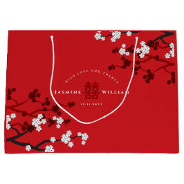 さくらんぼの花と二重の幸福中国の結婚の ラージペーパーバッグ