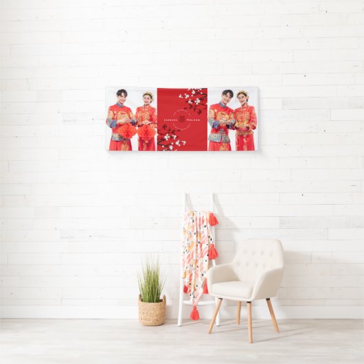 さくらんぼの花と二重の幸福中国の結婚の 横断幕 (インサイチュ)