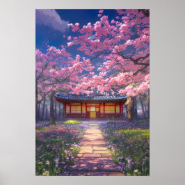 さくらんぼの花と伝統的寺 ポスター