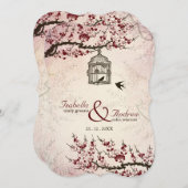 さくらんぼの花と愛の鳥の結婚式の招待 招待状 (正面/裏面)