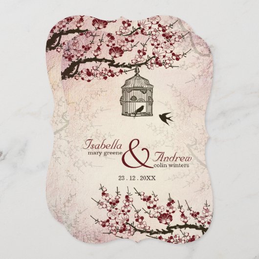 さくらんぼの花と愛の鳥の結婚式の招待 招待状 (正面/裏面)