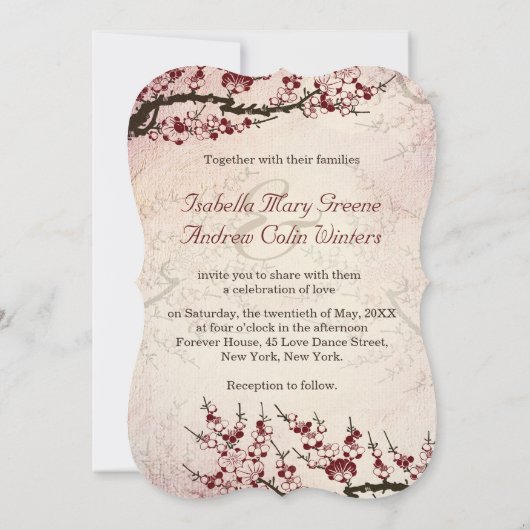 さくらんぼの花と愛の鳥の結婚式の招待 招待状 (裏面)