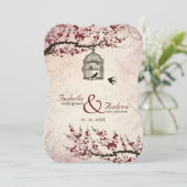 さくらんぼの花と愛の鳥の結婚式の招待 招待状 (スタンド正面)