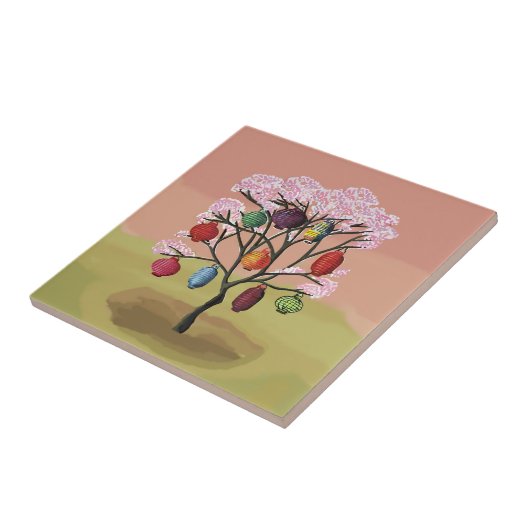 さくらんぼの花と東洋紙提灯 タイル (側面)
