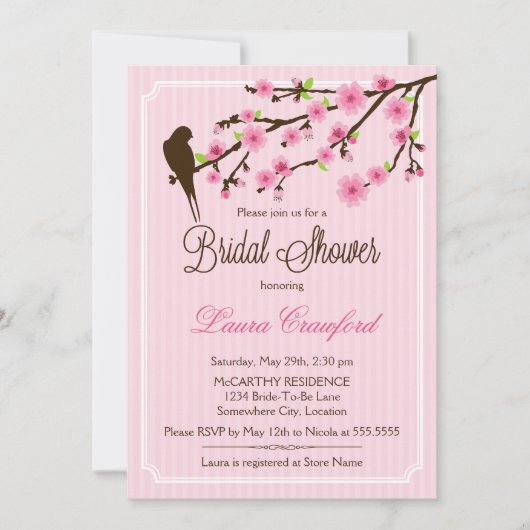 さくらんぼの花と鳥のブライダルシャワーへの招待 招待状 (正面)