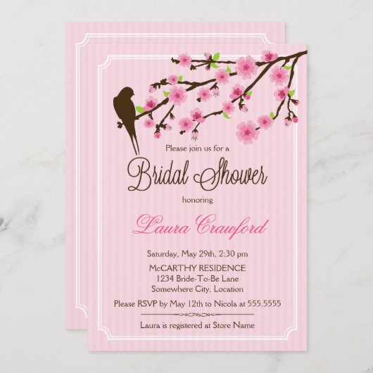 さくらんぼの花と鳥のブライダルシャワーへの招待 招待状 (正面/裏面)