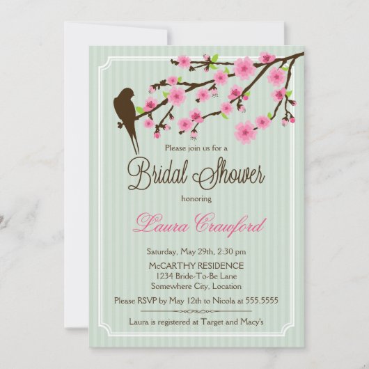 さくらんぼの花と鳥のブライダルシャワーへの招待 招待状 (正面)