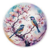 さくらんぼの花と鳥の結日本のび セラミックノブ (正面)