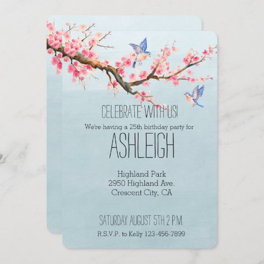 さくらんぼの花と鳥の誕生日 招待状 (正面/裏面)
