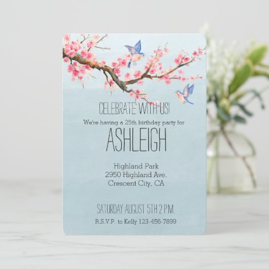 さくらんぼの花と鳥の誕生日 招待状 (スタンド正面)