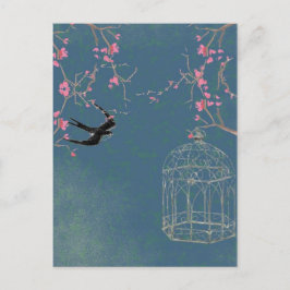 さくらんぼの花と鳥はがきユニーク。 ポストカード