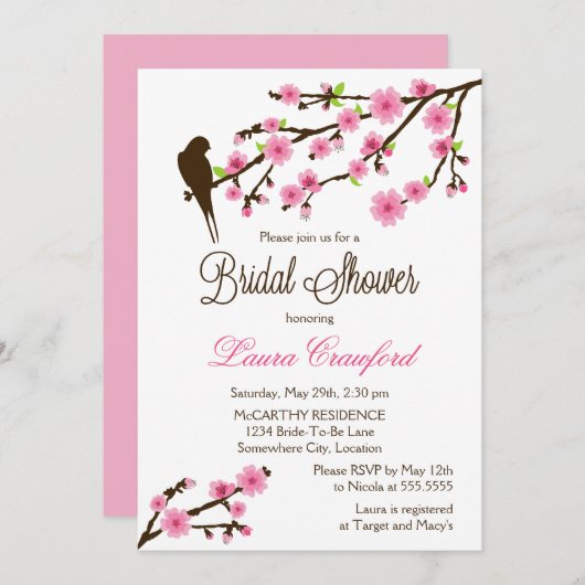 さくらんぼの花と鳥ブライダルシャワー 招待状 (正面/裏面)