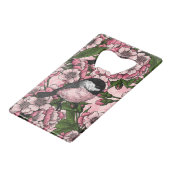 さくらんぼの花と《鳥》アメリカゴガラのピンク クレジットカード栓抜き (正面アングル)