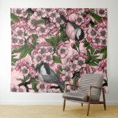 さくらんぼの花と《鳥》アメリカゴガラのピンク タペストリー (インサイチュ(横))