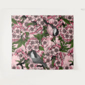 さくらんぼの花と《鳥》アメリカゴガラのピンク タペストリー (正面(横))