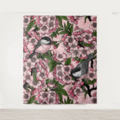 さくらんぼの花と《鳥》アメリカゴガラのピンク タペストリー (正面)
