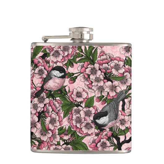 さくらんぼの花と《鳥》アメリカゴガラのピンク フラスク (正面)