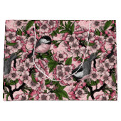 さくらんぼの花と《鳥》アメリカゴガラのピンク ラージペーパーバッグ (正面)