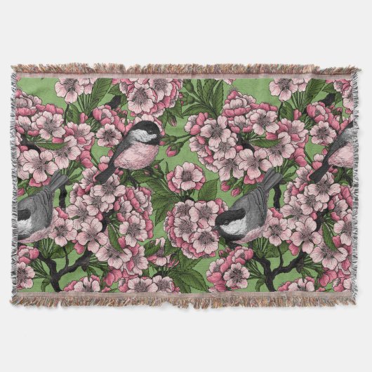 さくらんぼの花と《鳥》アメリカゴガラの緑 スローブランケット (正面)