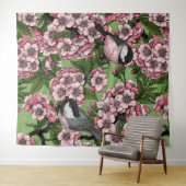 さくらんぼの花と《鳥》アメリカゴガラの緑 タペストリー (インサイチュ(横))
